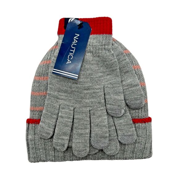 Nautica Girl's Beanie Hat & Gloves Set-Gray Red Pink - New with Tags - 5-8 years - Picture 1 of 9